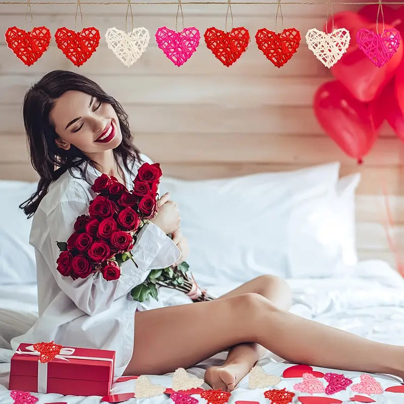 Valentine's Day Vine Heart Craft Set - 15pcs Heart-Shaped Willow Vase Fillers in White, Pink, and Red