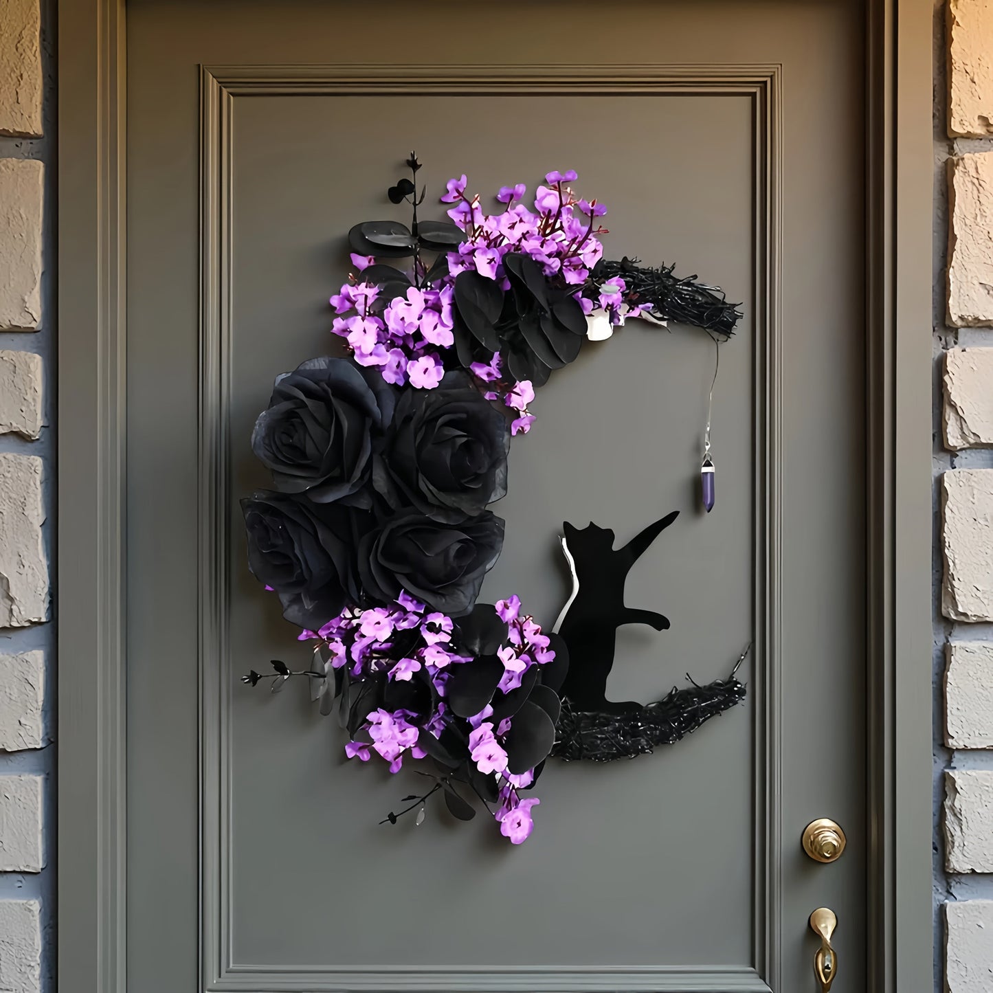 Halloween Black Cat Crescent Moon Wreath