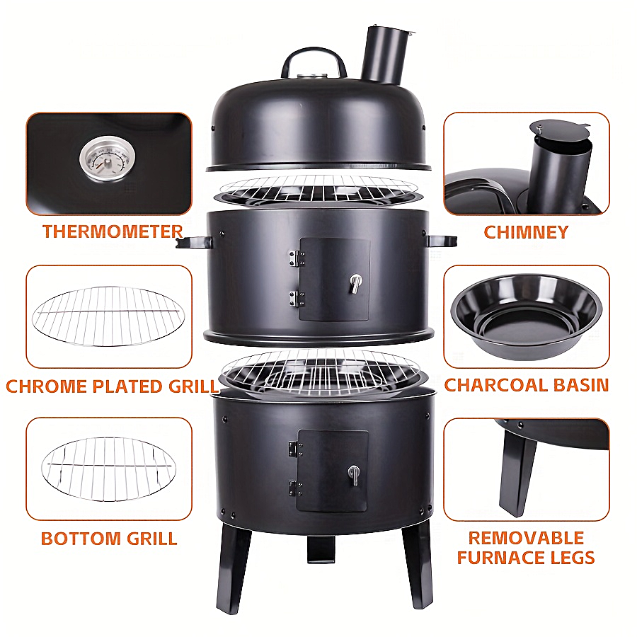 Charcoal BBQ Smoker Cast Iron Grill with Lid