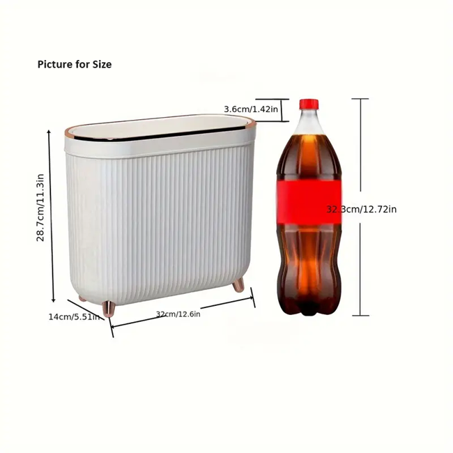 Compact Toilet Trash Can with Quiet Close Lid - White Gray Plastic, Space-Saving Design