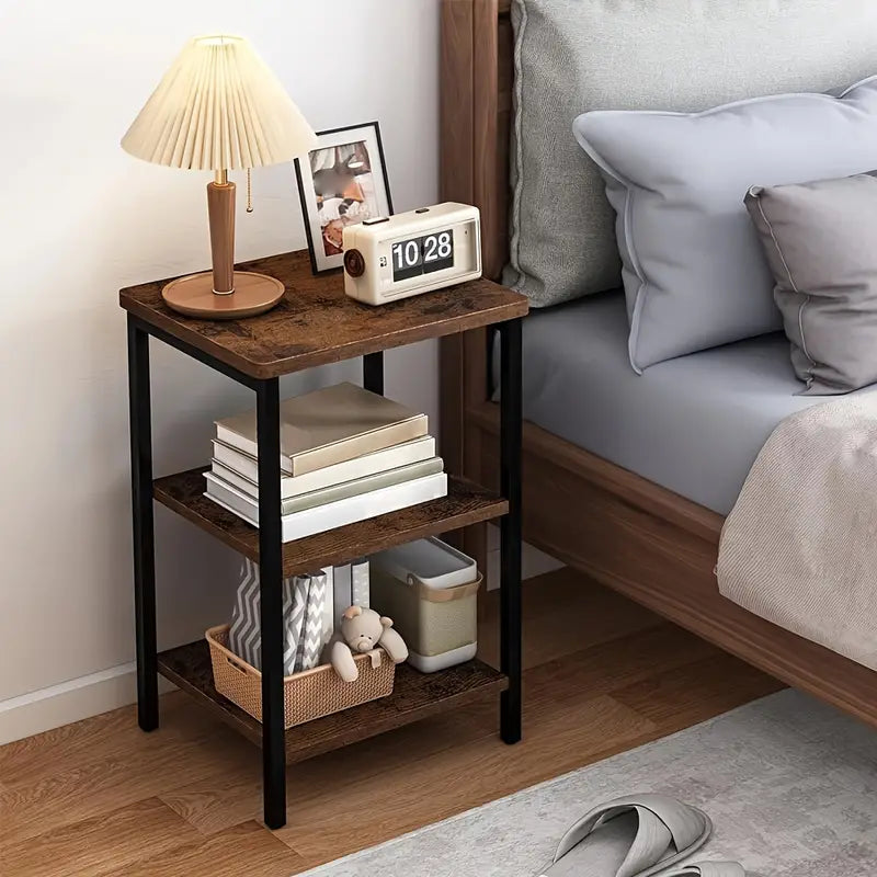 Retro Wooden 3-Layer Bedside Storage Rack Table