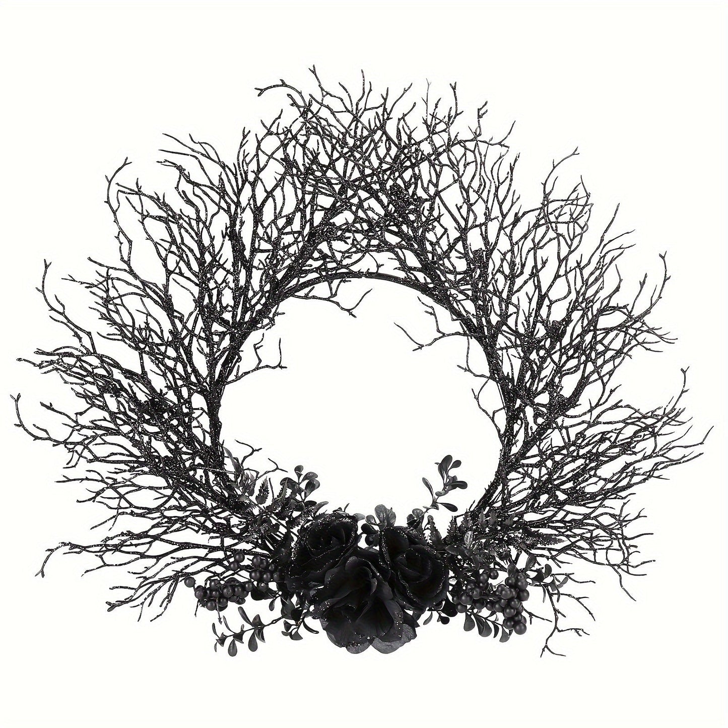 Halloween Deadwood Wreath Black Roses Wall Hanging