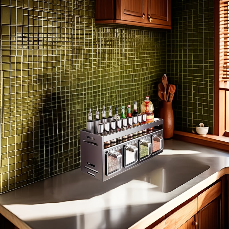 Wall-Mounted Aluminum Spice Rack with Clear Jars