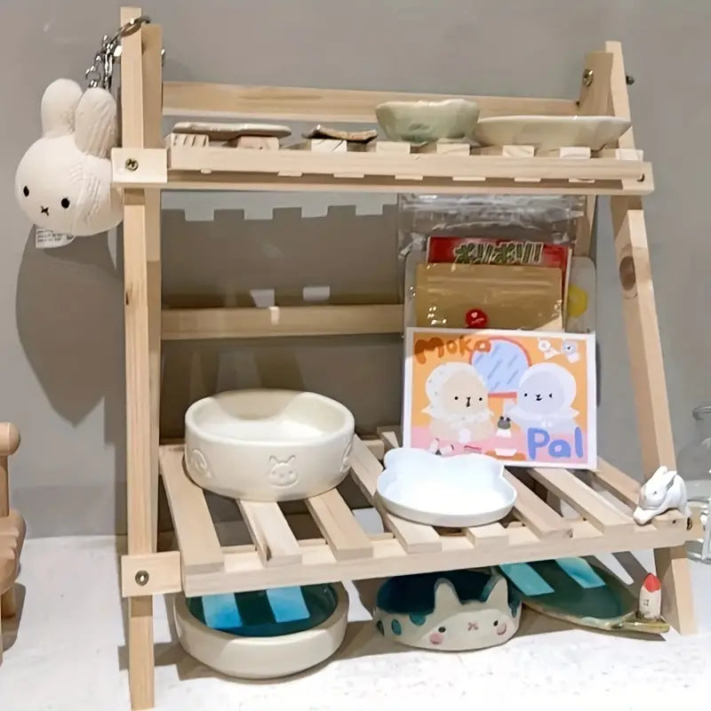 Organize in style with this sturdy wooden double-layer trapezoidal storage rack