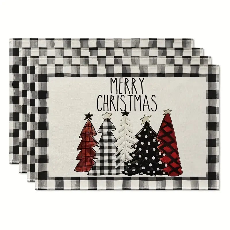 Set of 4 Buffalo Plaid Christmas Trees Placemats - Festive Winter Table Mats
