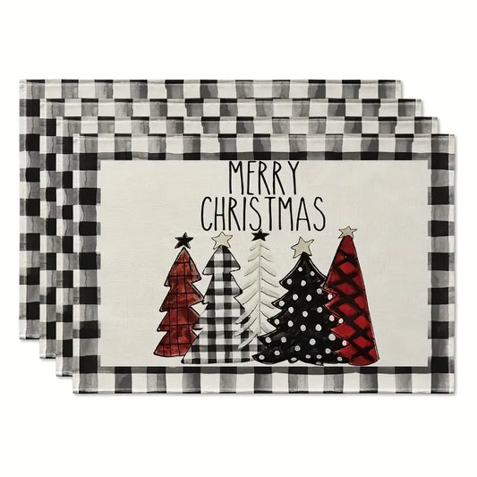 Set of 4 Buffalo Plaid Christmas Trees Placemats - Festive Winter Table Mats