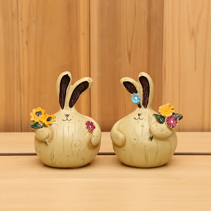 Easter Resin Decorations - Charming Rabbit Lovers Picking Flowers (Set of 2)