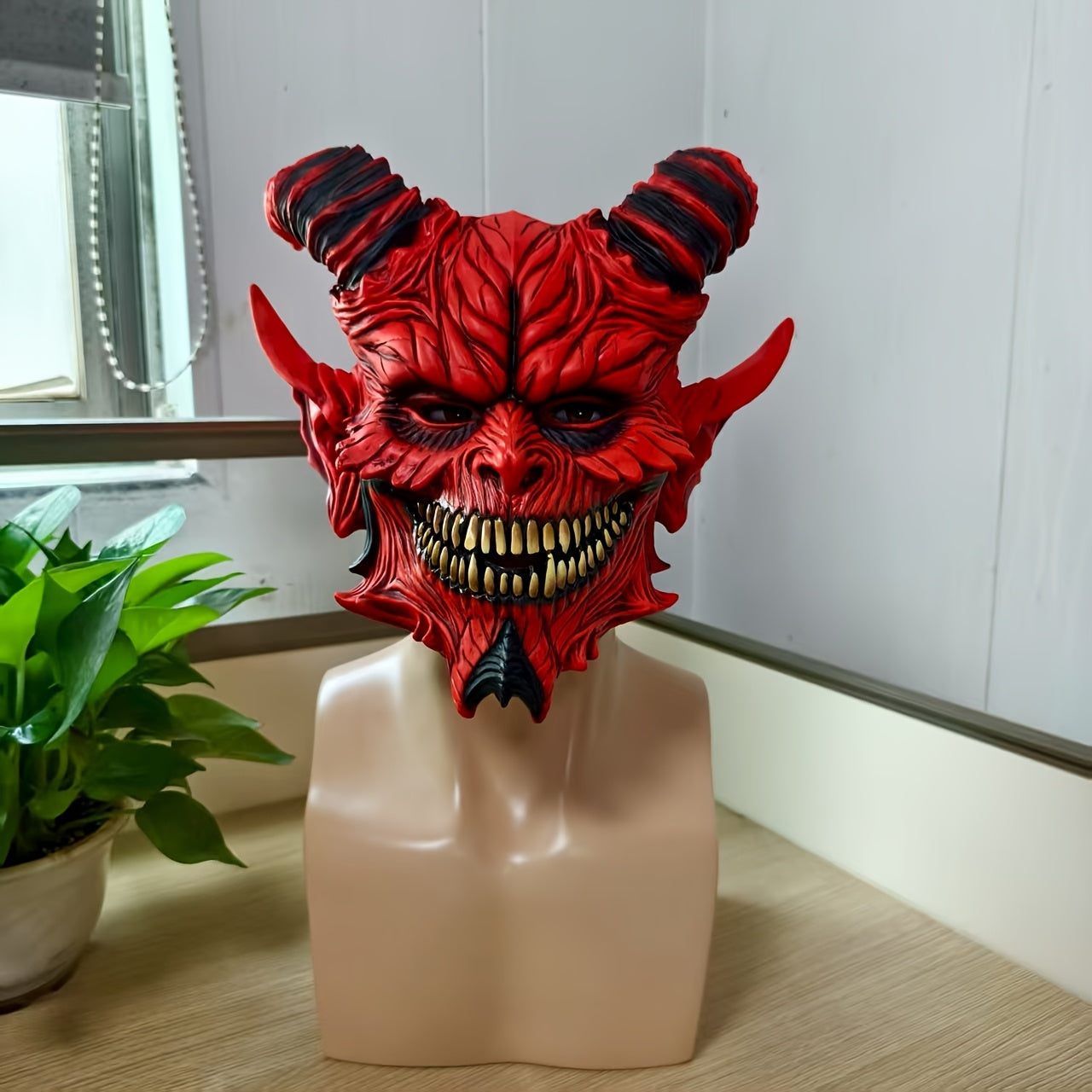 Demon Horror Mask Latex Headgear Red with Horns