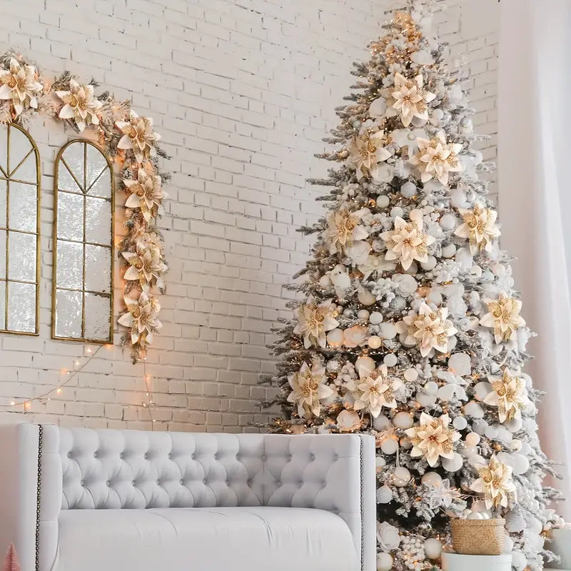 12pcs Glitter Christmas Tree Poinsettias - Festive Decorations with Clips and Stems