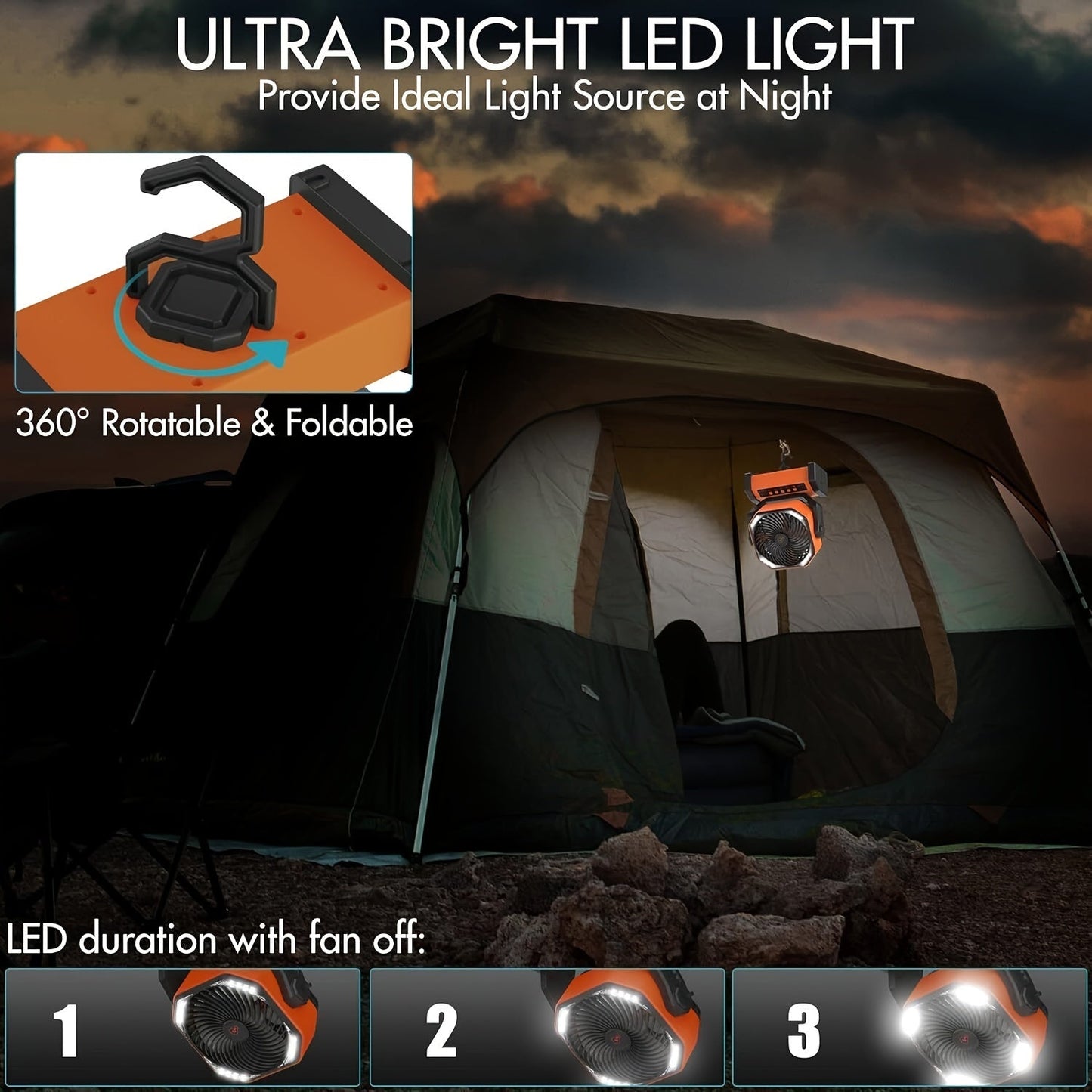 Camping Fan with LED Lantern & Hook (20000mAh)
