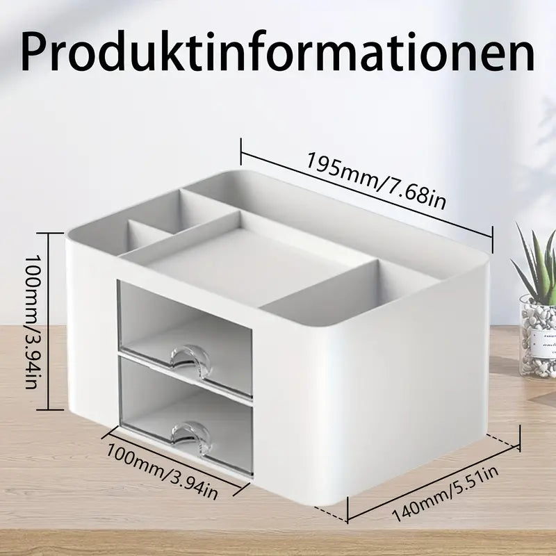 White Pen Organizer with 2 Drawers - Multi-Functional Desk and Office Supplies Holder- White