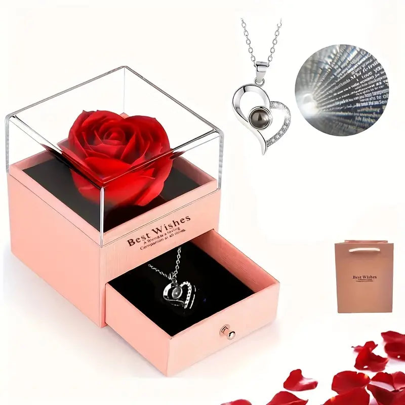 Romantic Heart Necklace and Soap Flower Rose Set - Pink
