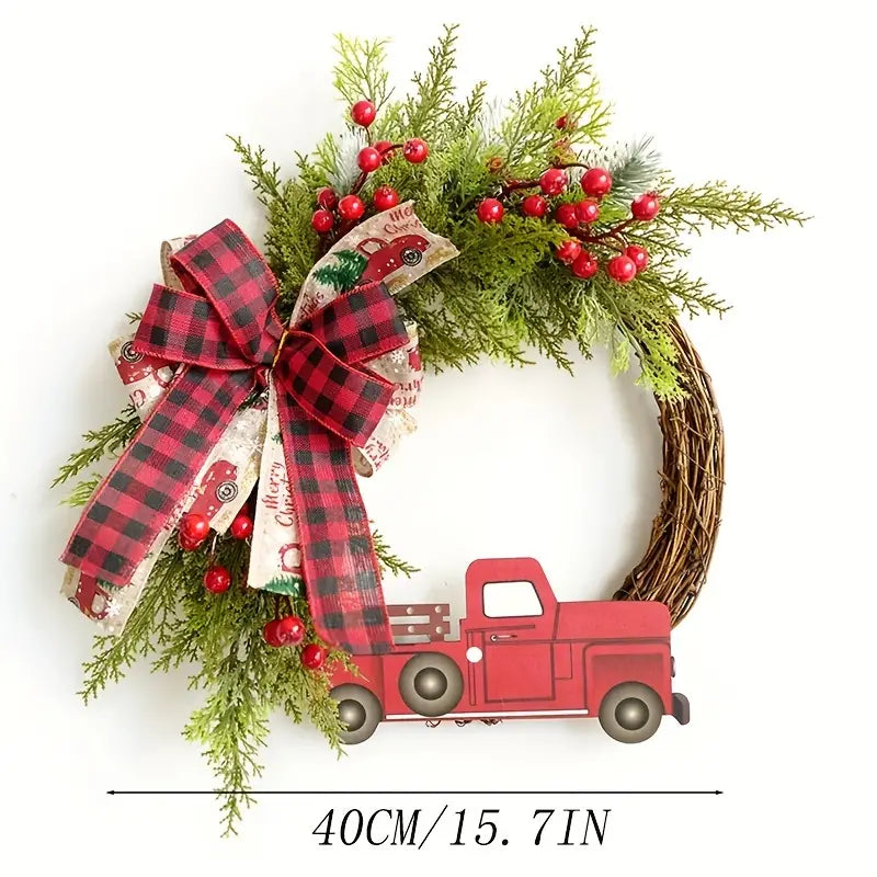 Charming 1pc Christmas Artificial Wreath Red Truck Decoration | Large Door Front Wreath