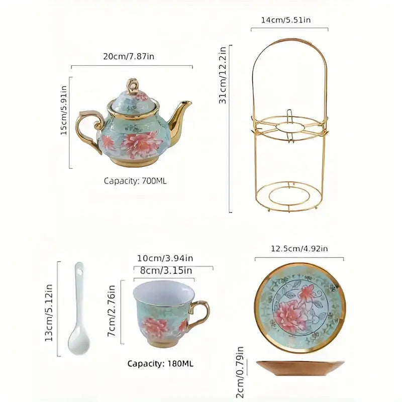 Green Elegance in Bloom: 20-Piece Ceramic Tea and Coffee Set with Iron Rack