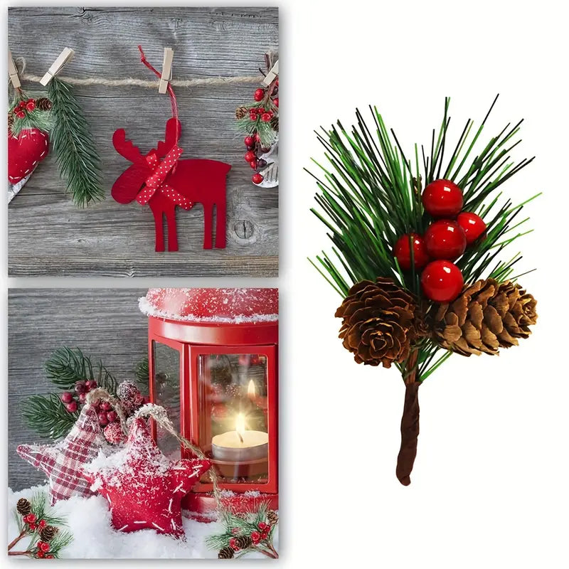 Set of 10 Artificial Christmas Picks - Festive Red Berry Holly Branches for Tree Decor