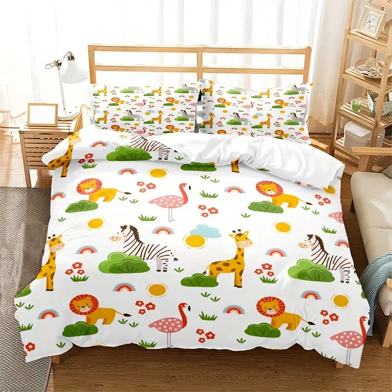 Cartoon Animal Microfiber Duvet Cover Set - Lion, Flamingo, Deer, Zebra Print (3pcs)
