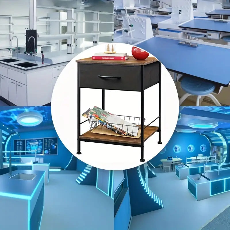 Rustic Black Metal Nightstand with Fabric Drawer