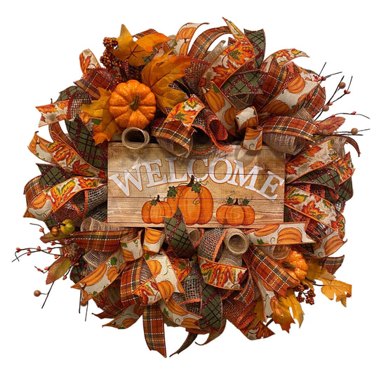Fall Welcome Fabric Pumpkin Wreath Door Decor