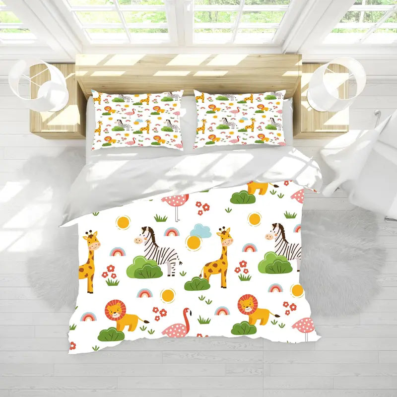 Cartoon Animal Microfiber Duvet Cover Set - Lion, Flamingo, Deer, Zebra Print (3pcs)