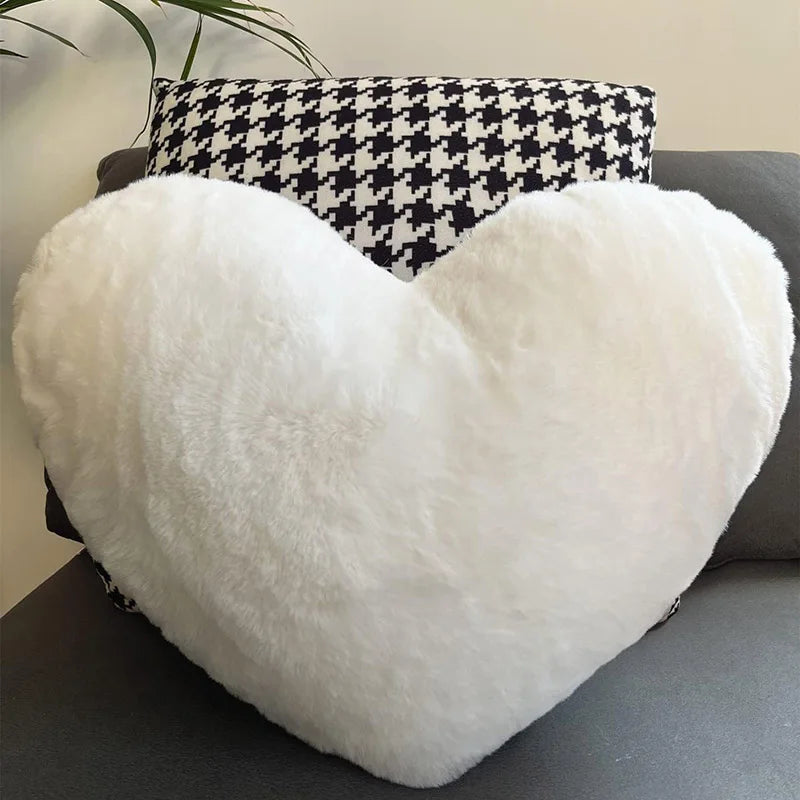 Heart Shaped Faux Bunny Fur Pillow (White)