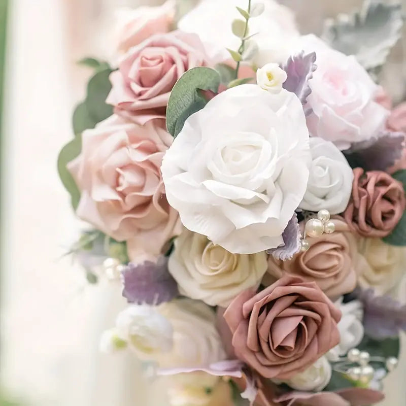 Dusty Rose Artificial Roses Flowers (25pcs) - Real Touch PE Foam, Flexible Wire Stems