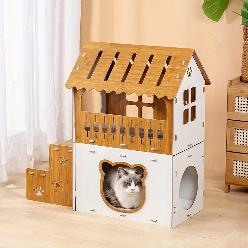 Villa-Style Cat Scratcher Cardboard House - Plaid Pattern