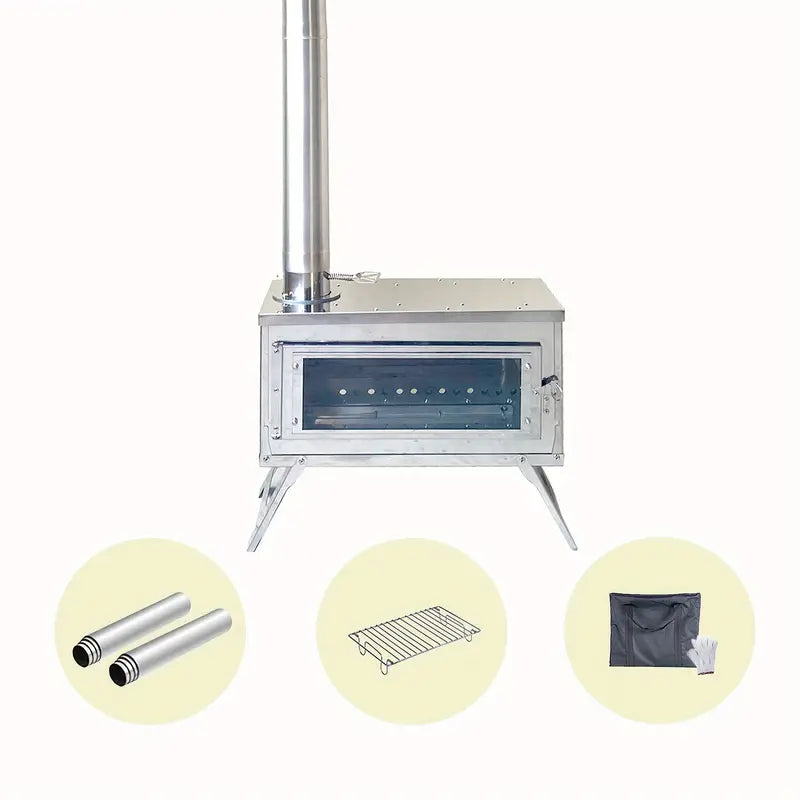 Stainless Steel Firewood Stove with Chimney - Outdoor Portable Camping Heater
