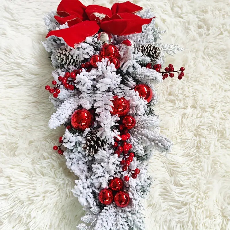 Christmas Flocking Wreath Door Hanging - Rattan Reverse Hanging Tree Decoration