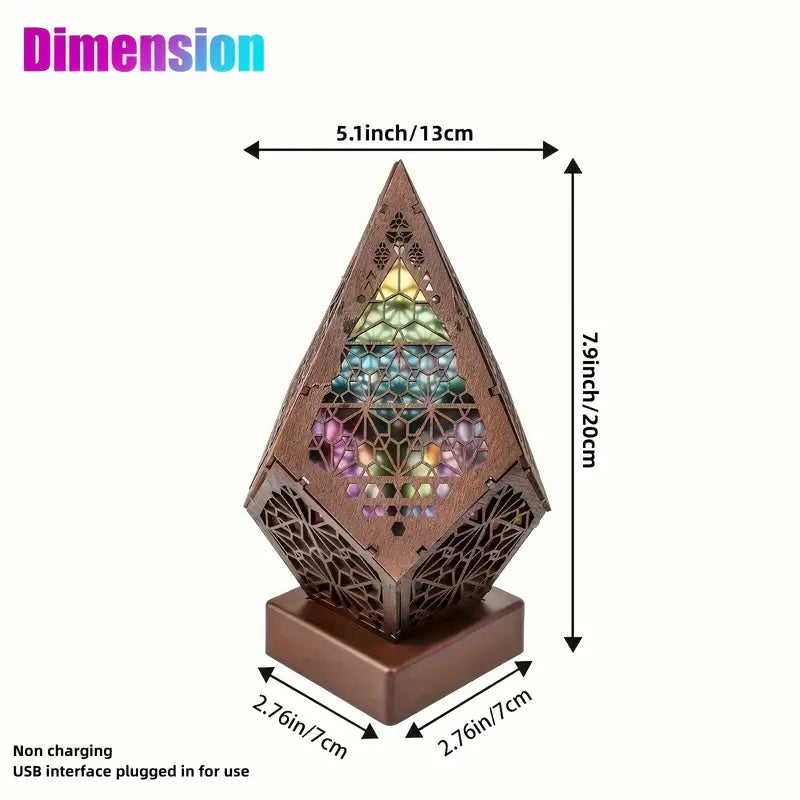 Wooden Bohemian Floor Lamp with USB Charging Port - Retro LED Colorful Diamond Lights