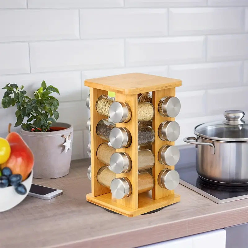 Bamboo Revolving Spice Rack - 16-Jar Countertop Organizer for Kitchen Storage