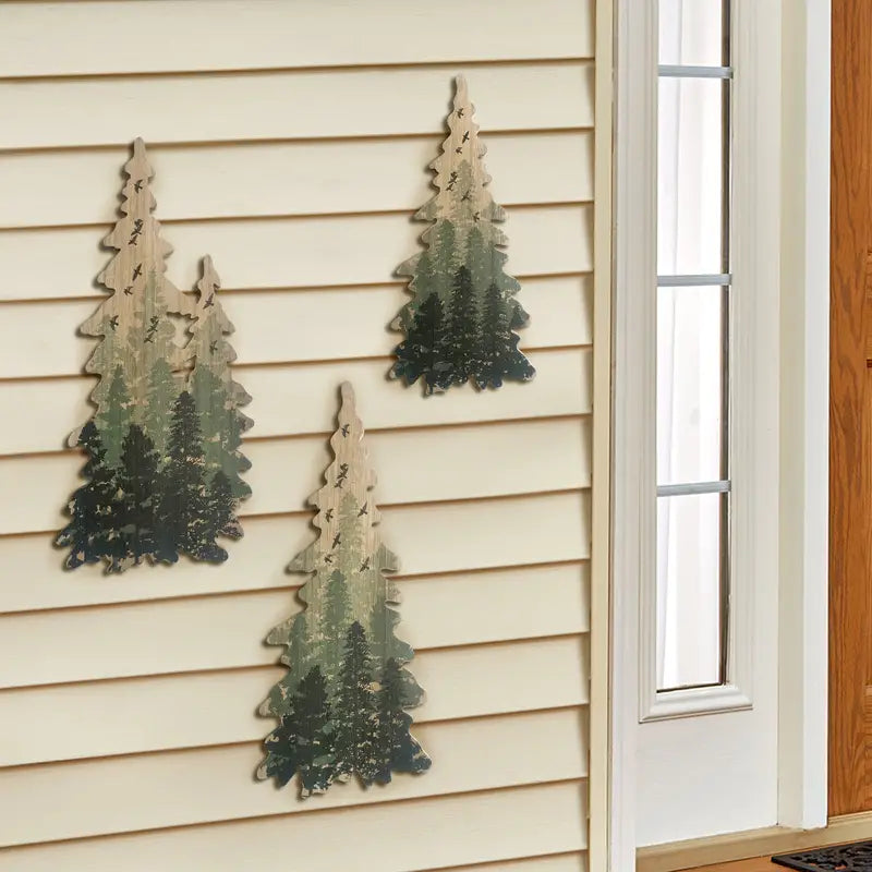 Rustic Charm: Set of Three Wooden Christmas Tree Wall Ornaments