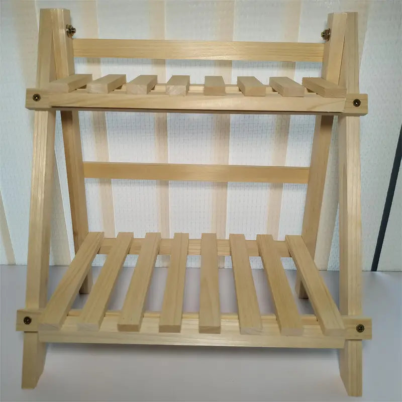 Organize in style with this sturdy wooden double-layer trapezoidal storage rack