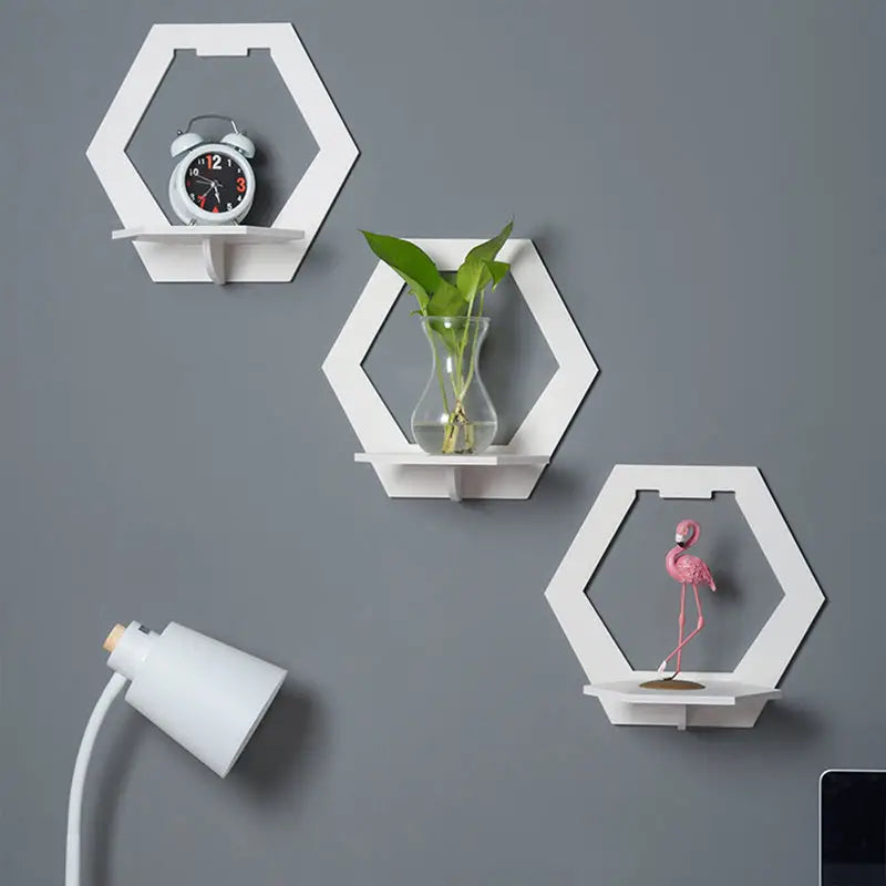 Hexagonal Harmony: Set of 3 Punch-Free Wall Shelve
