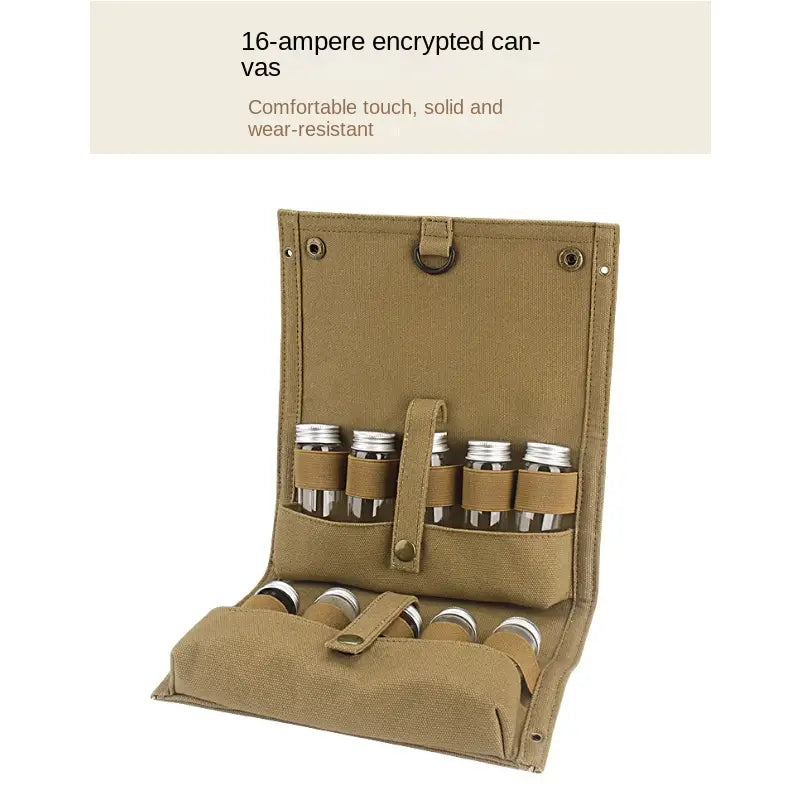 Outdoor Seasoning Bottles Set - Khaki Canvas Bag for Camping & BBQ