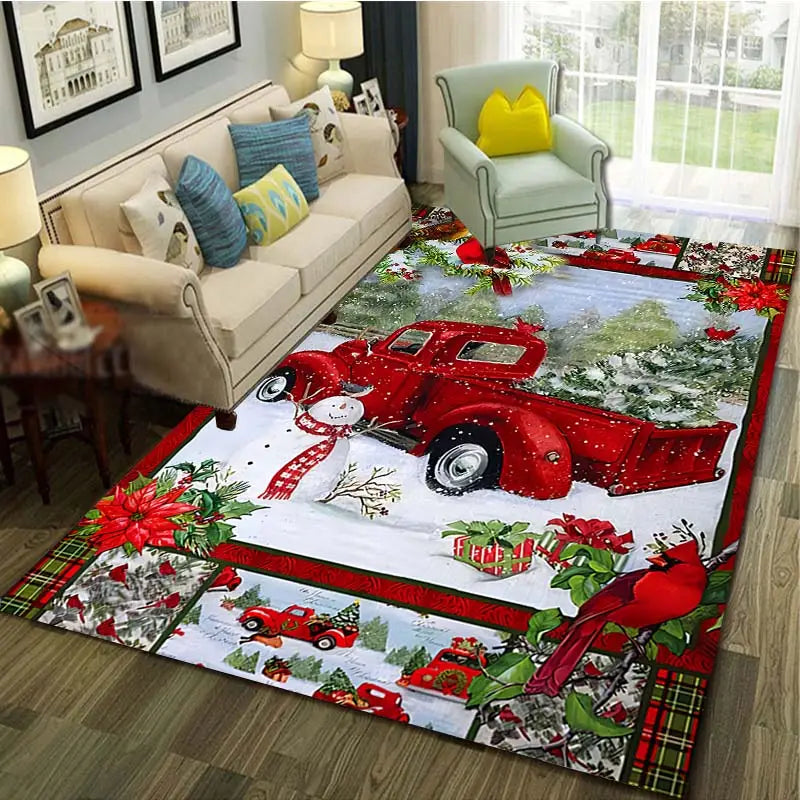 Festive Christmas Red Santa Truck Pattern Floor Mat