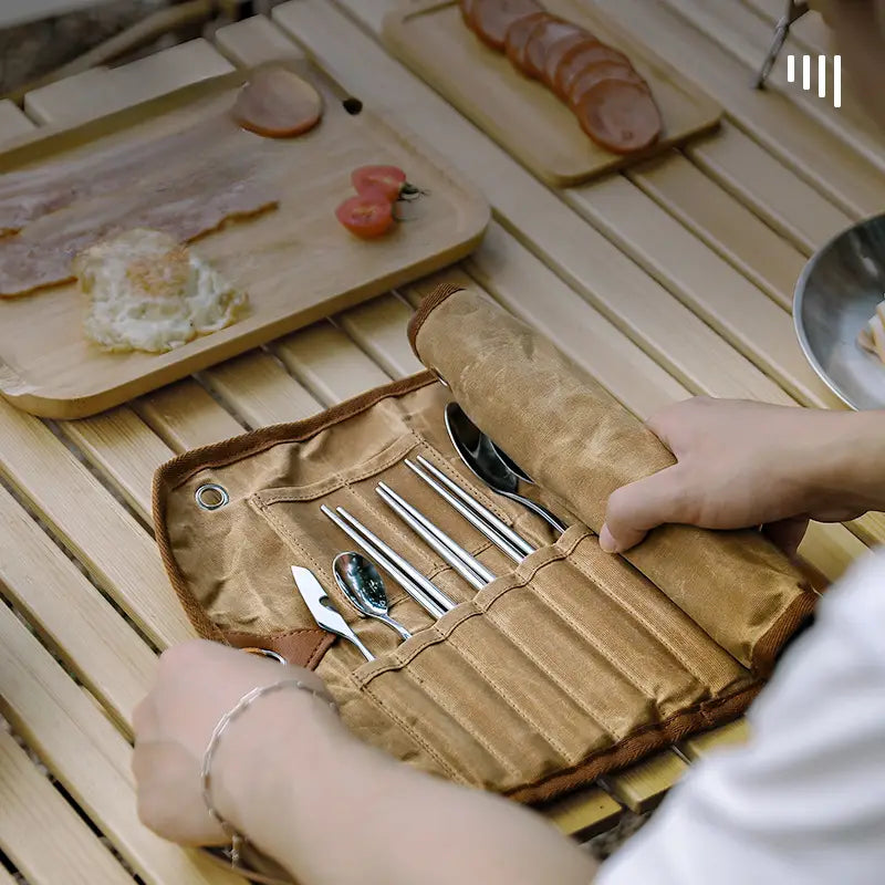 Portable Waxed Canvas Cutlery Bag for Outdoor Dining
