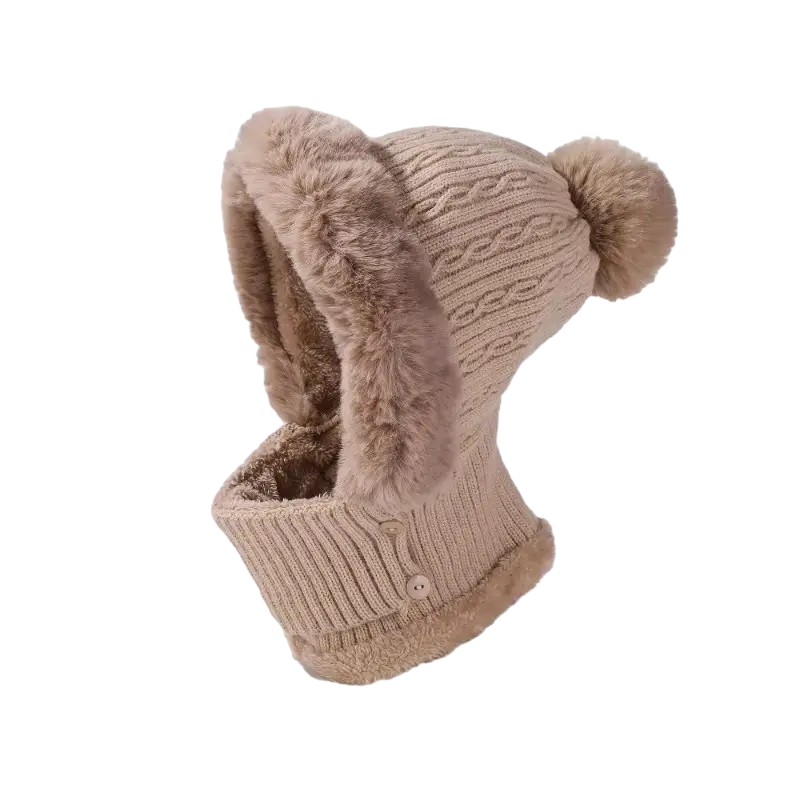 Anime-Inspired Winter Ear Protection Beanie Hat Scarf Combo - Khaki