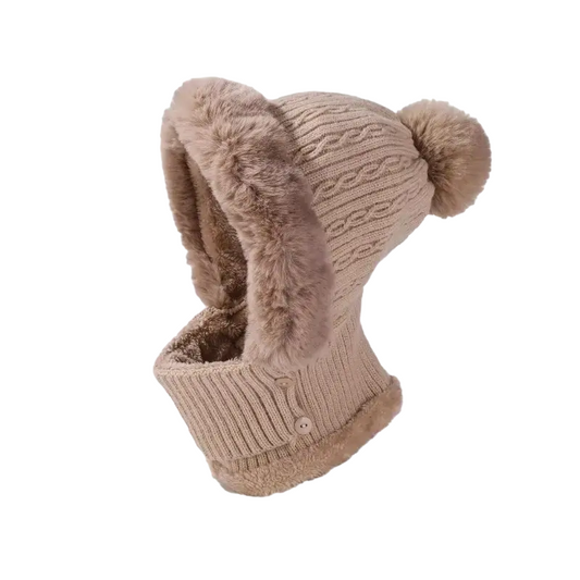 Anime-Inspired Winter Ear Protection Beanie Hat Scarf Combo - Khaki