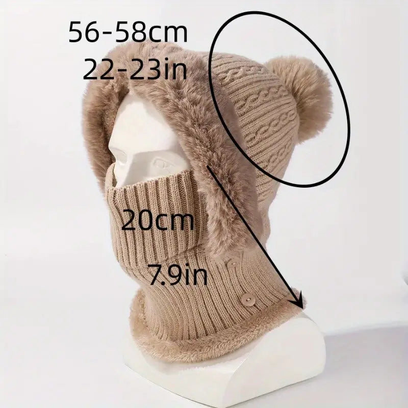 Anime-Inspired Winter Ear Protection Beanie Hat Scarf Combo - Khaki