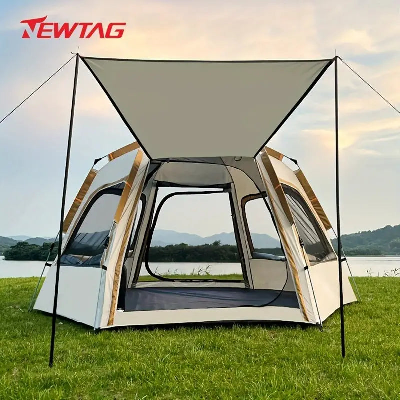 Hexagonal Fiberglass Pole Camping Tent - Silvery Glue Beige, 4-Person Capacity