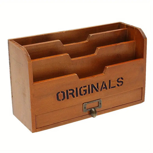 Vintage Wooden Letter Rack - Wall Mounted Office Organizer with Adjustable Grid Storage