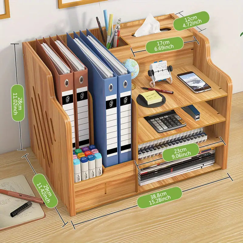 Wooden Office Document Storage Rack with Tiered Shelves - No Drawer