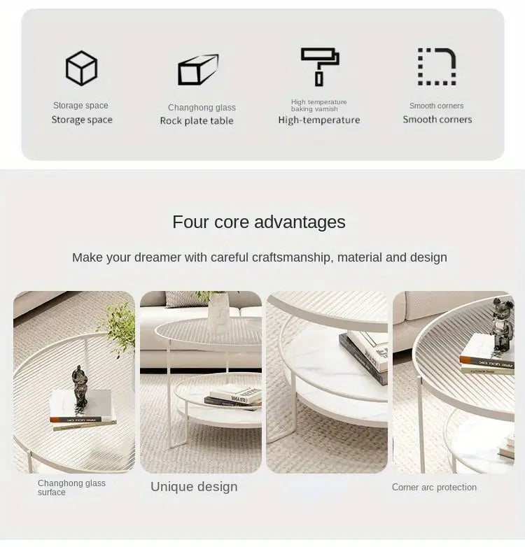 Round Tempered Glass Coffee Table- white Frame+Changhong Glass