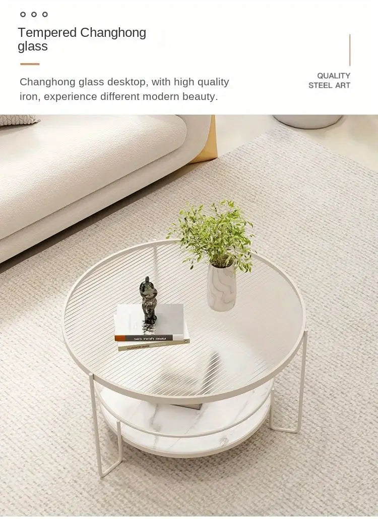 Round Tempered Glass Coffee Table- white Frame+Changhong Glass