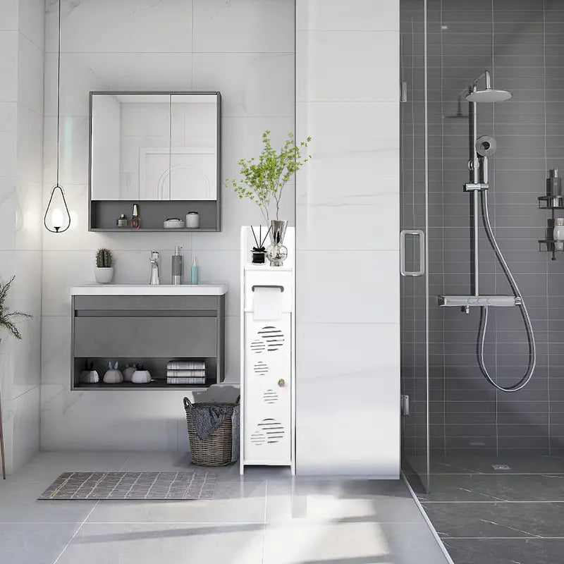 Slim PVC Waterproof Storage Cabinet - Freestanding Organizer in White