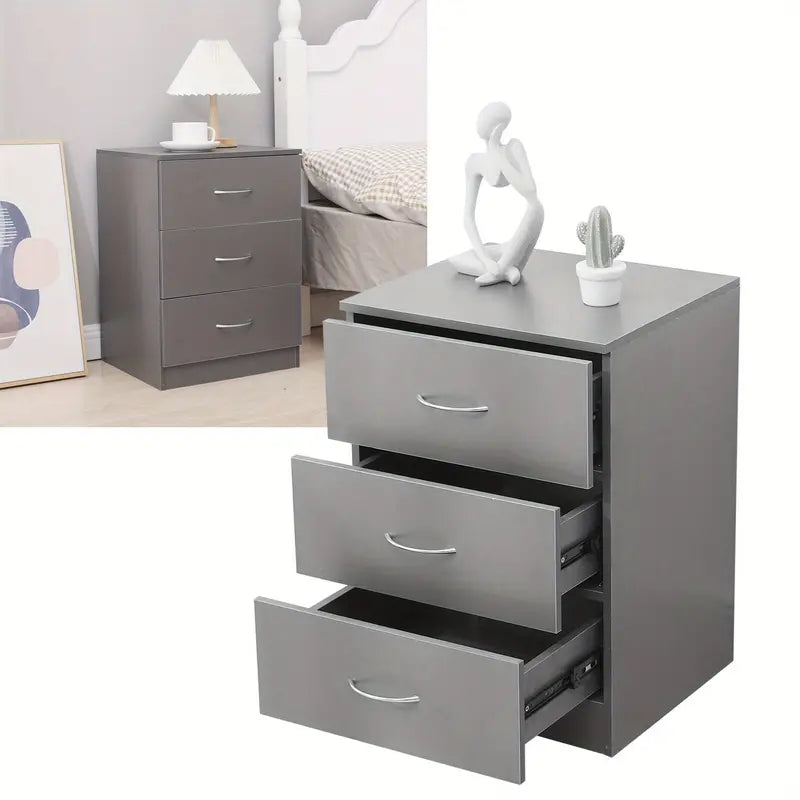 Modern Gray Bedside Table with 3 Drawers
