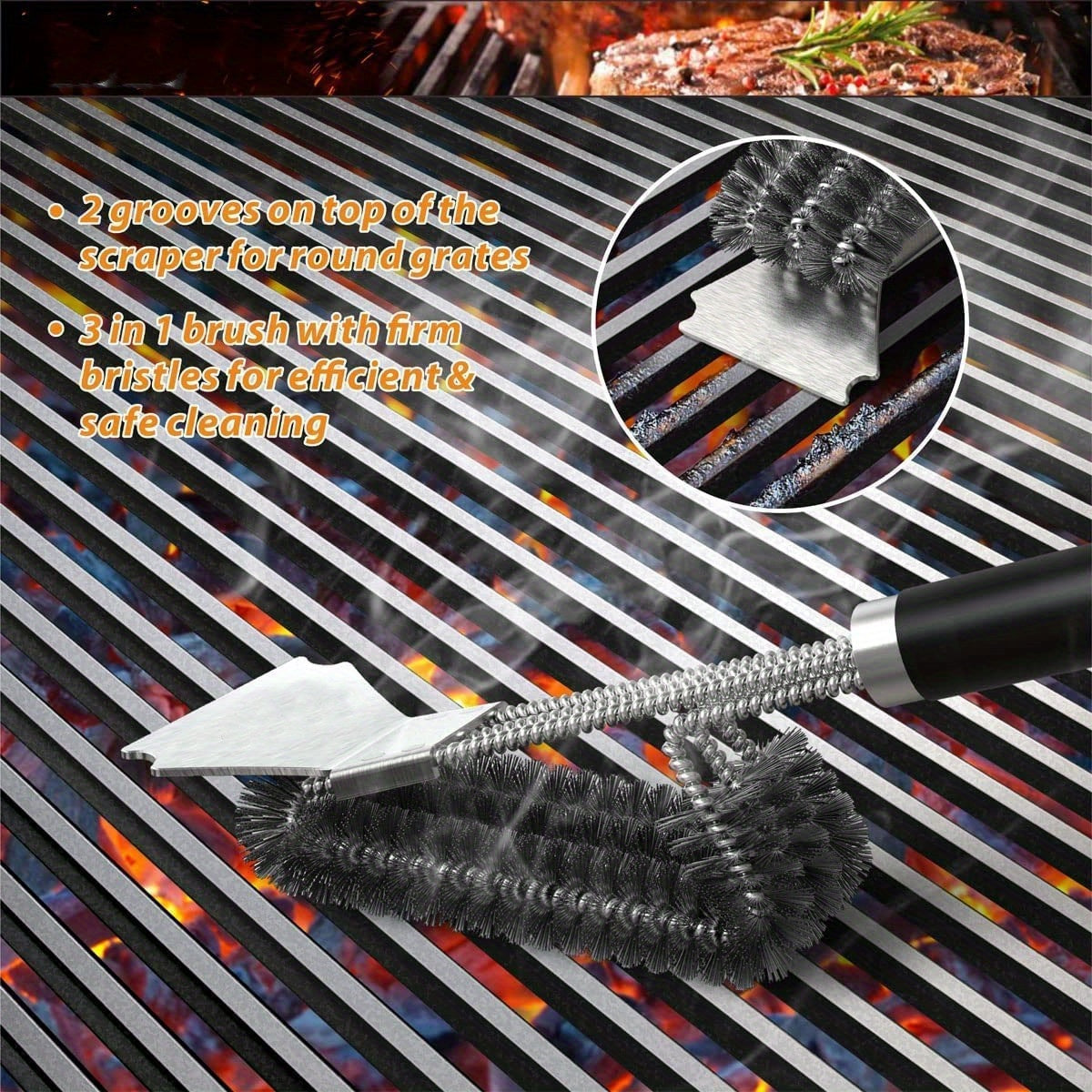 BBQ Grill Brush with Scraper with 3-Head
