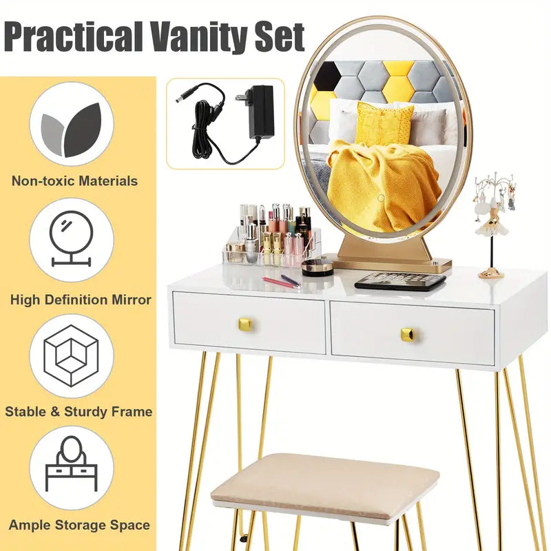 Elegant White Dressing Table Stool Set with LED Oval Mirror