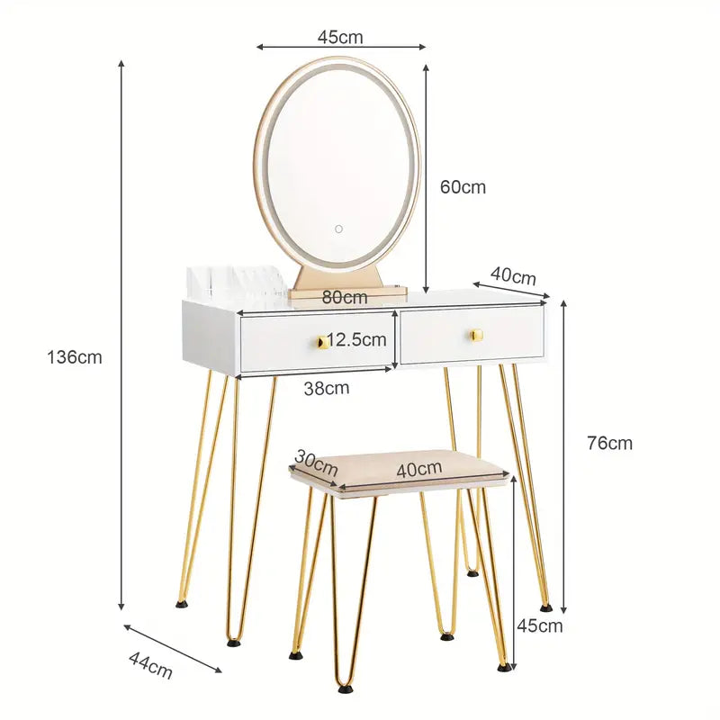 Elegant White Dressing Table Stool Set with LED Oval Mirror