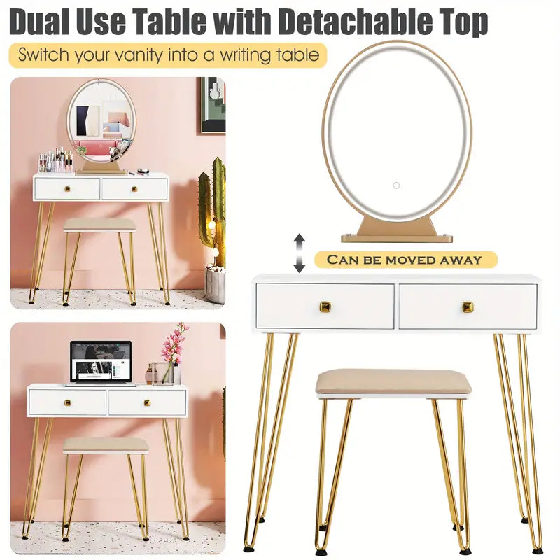 Elegant White Dressing Table Stool Set with LED Oval Mirror